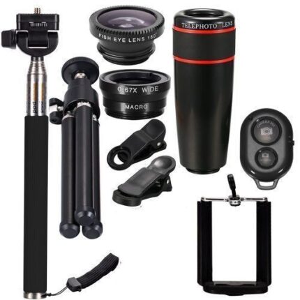 9 PCS 8X Téléobjectif Mobile Téléphone Objectif Universel Amovible Clip-on Lentille Grand Angle + Fish Eye + Objectif Macro + Selfie Stick + Trépied